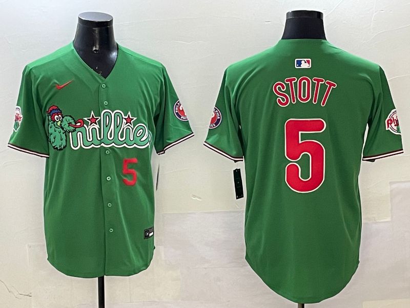 Men Philadelphia Phillies 5 Stott Green Three generations Joint Name Game 2025 Nike MLB Jersey style 5